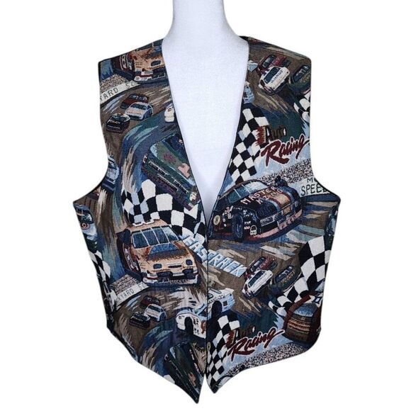 Vintage 90s Race Car Racing Embroidered Tapestry Vest Mens Size XL Black - Picture 1 of 4